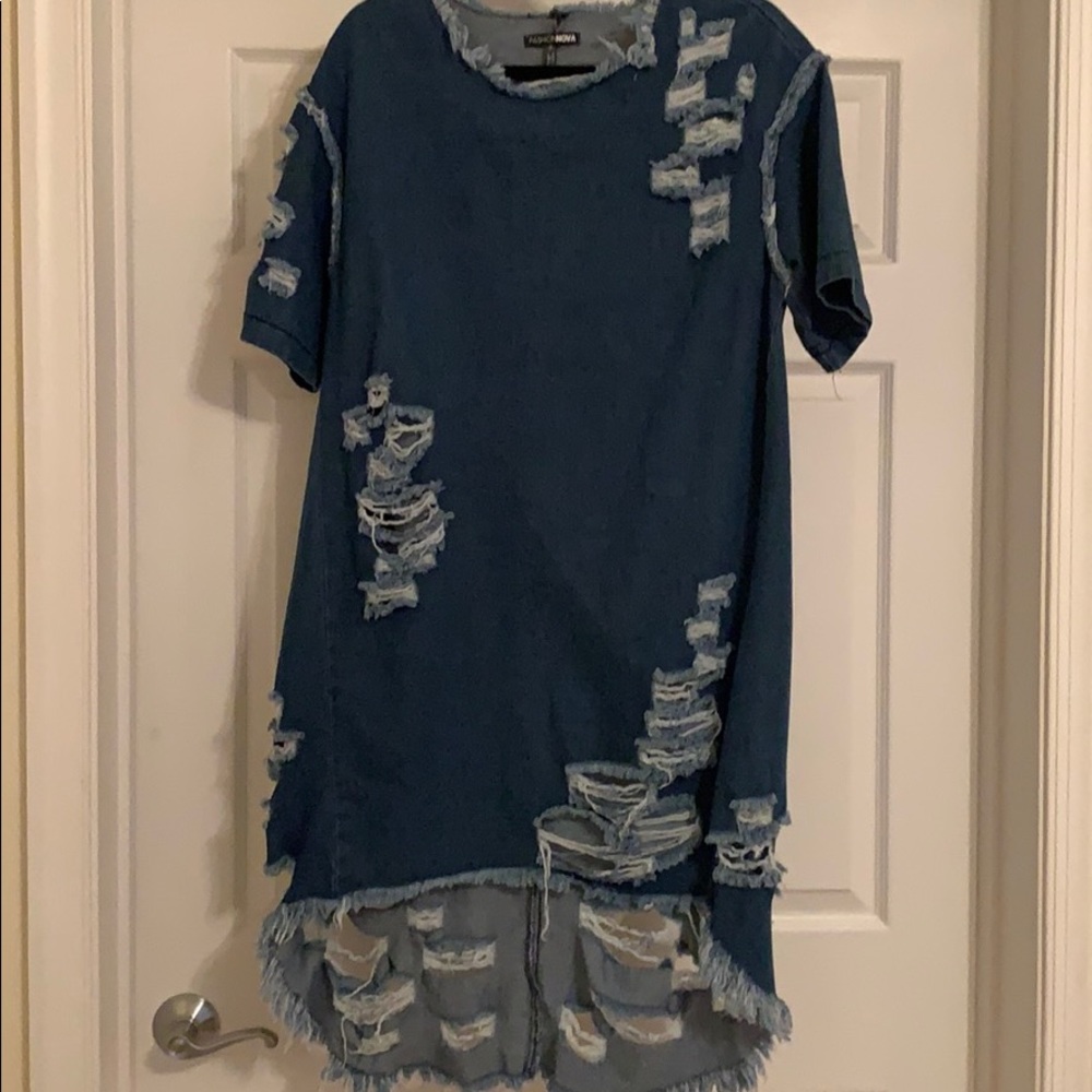 Denim distressed tunic dress